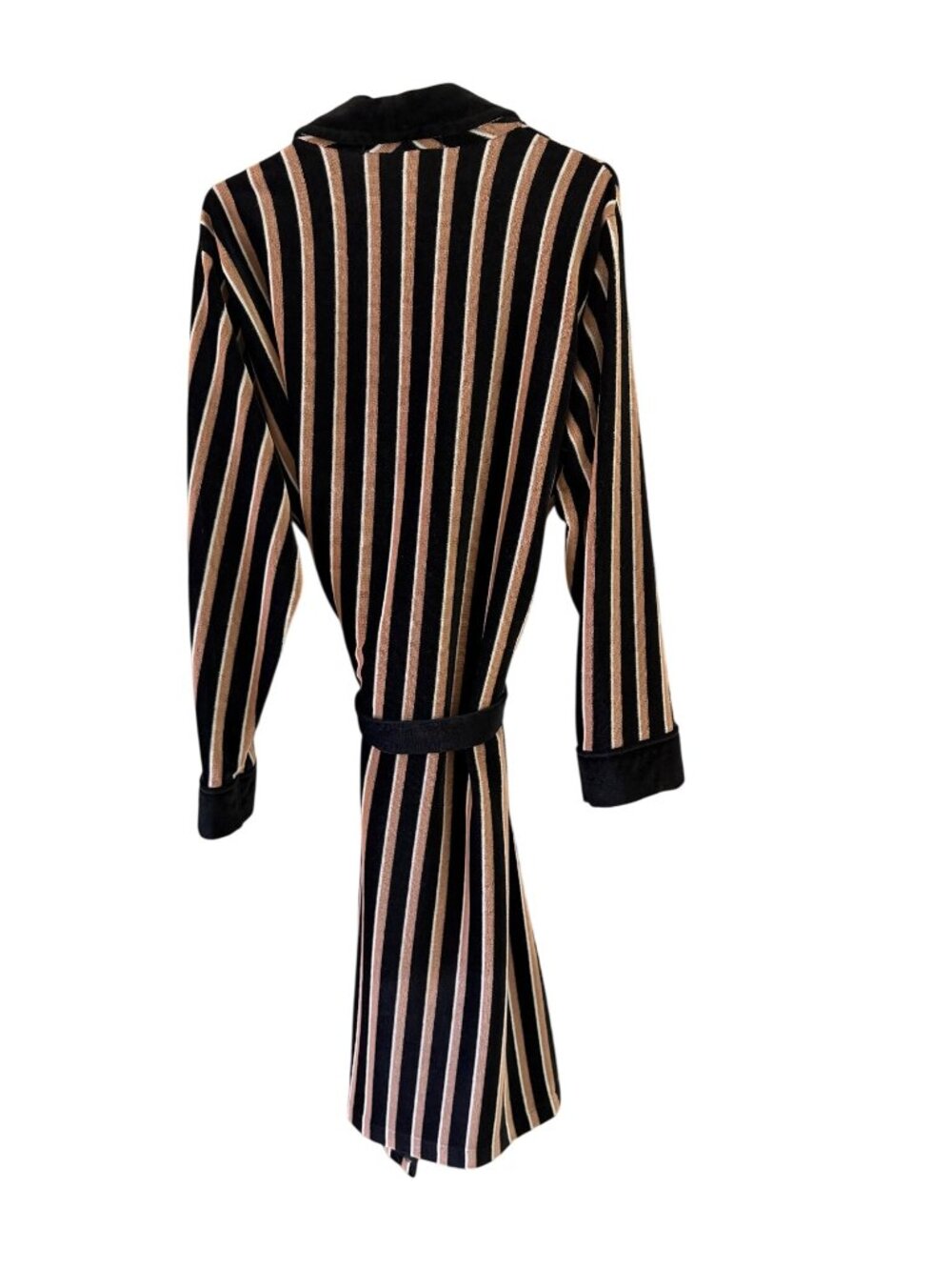 St. Michael Mens Striped Velour Feel Self Wrap Robe Size Large Black Tan Vintage - Picture 7 of 8